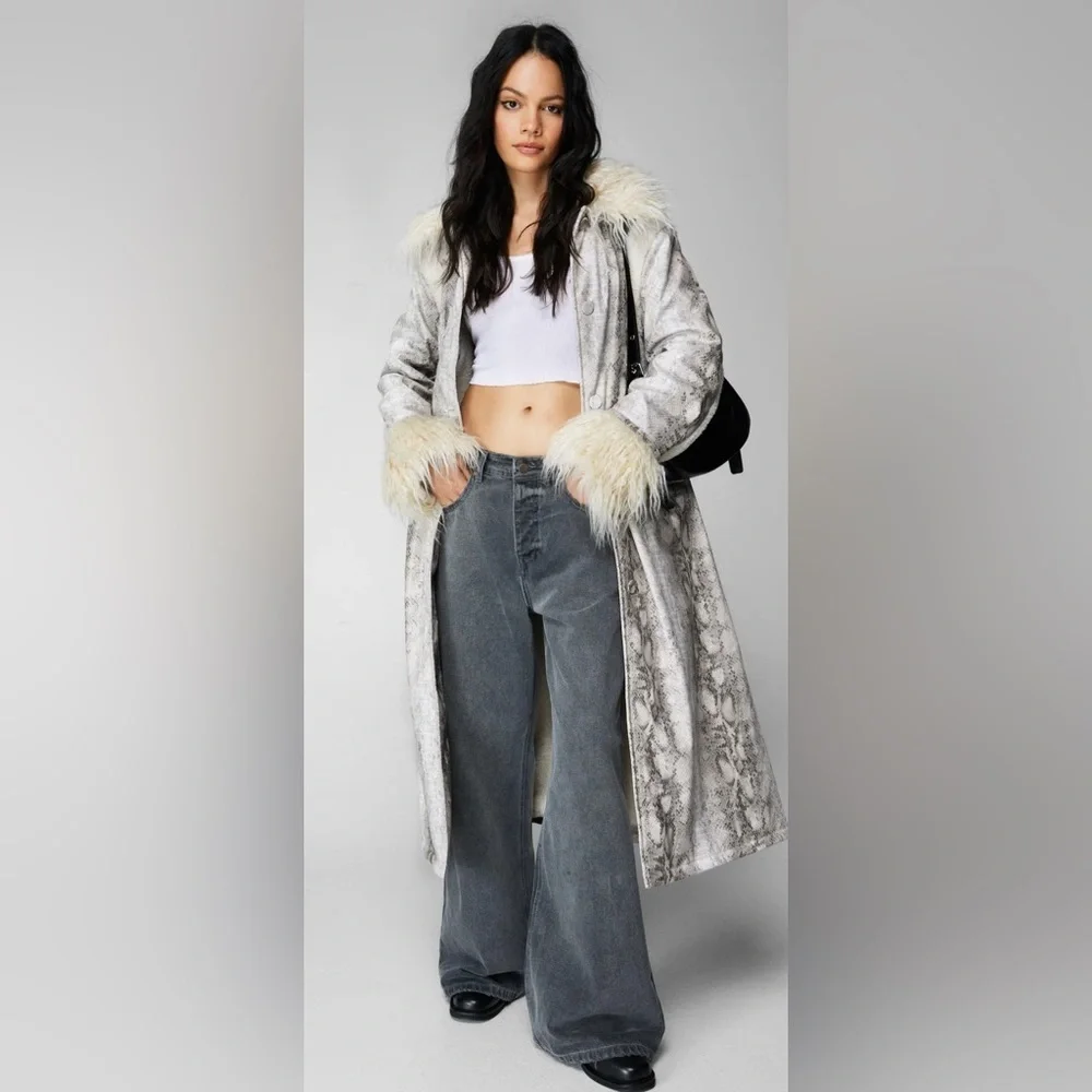 Nasty Gal Womens Snake Print Shearling Trim Longline Aviator Coat - Picture 2 of 12